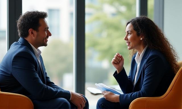 Diverse professionals engaged in a thoughtful, empathetic conversation