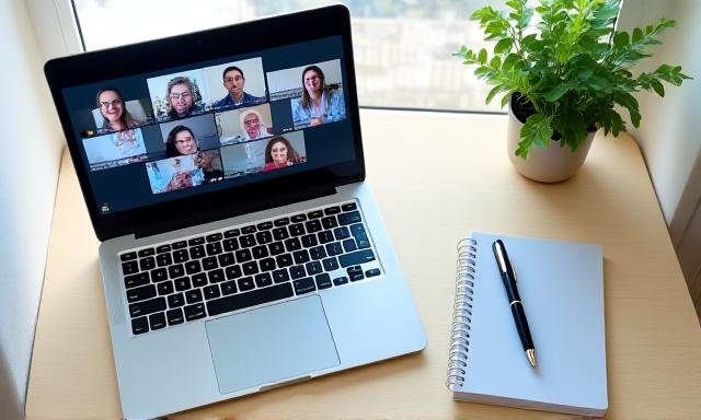 An organized home office setup with a laptop showing a digital team meeting