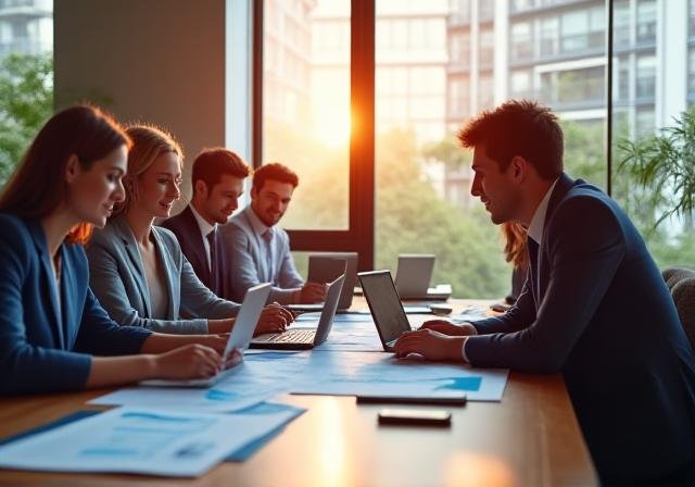 Diverse professional team collaborating in a bright modern office space