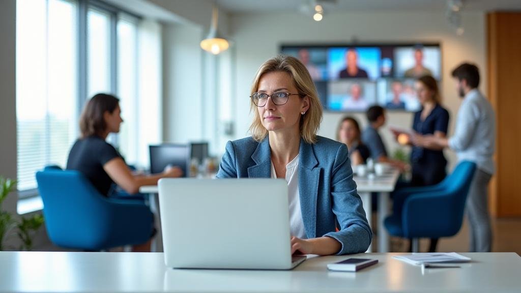 Modern professional leading a hybrid meeting with team members on screen and in person