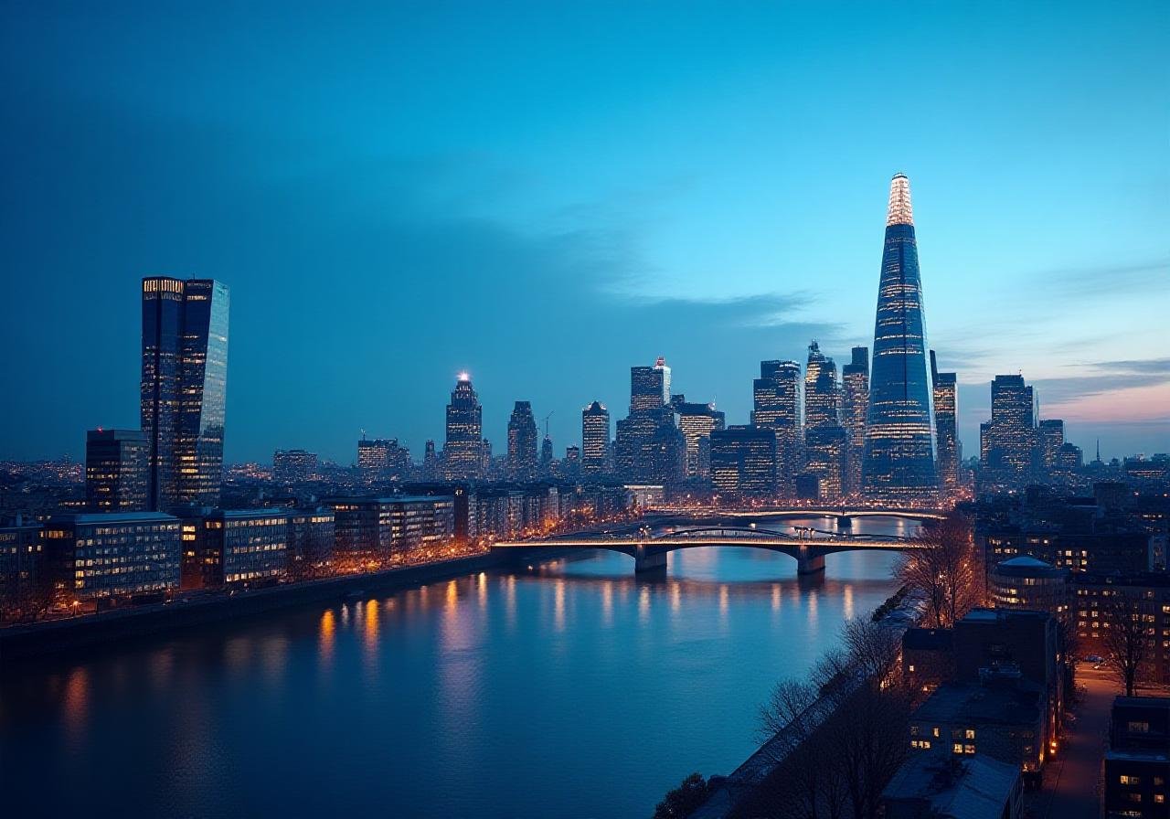 Panoramic view of the London financial district skyline representing the UK market